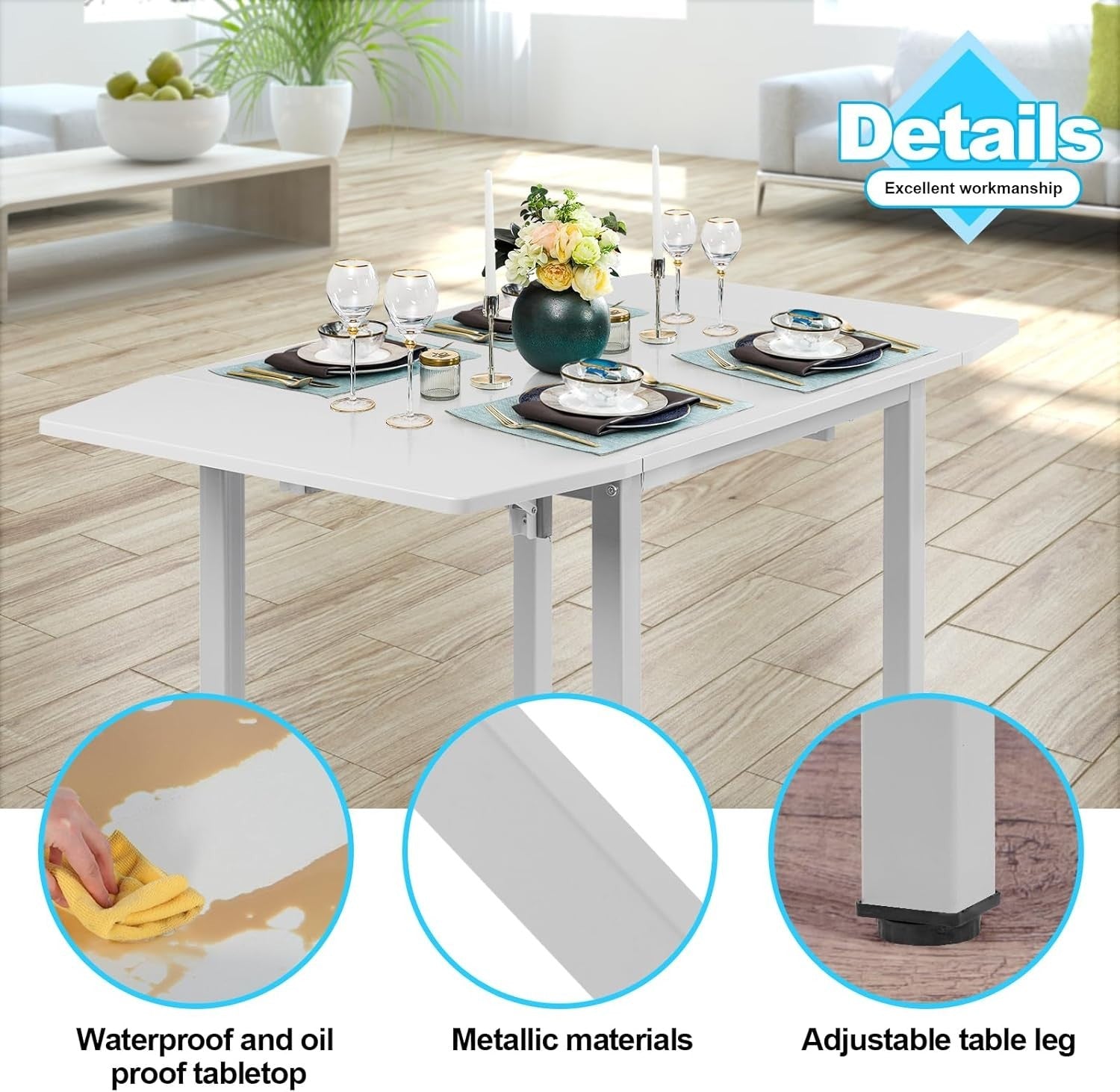 Space-Saving White Drop Leaf Dining Table with 2 Chairs - Modern PU Leather Set