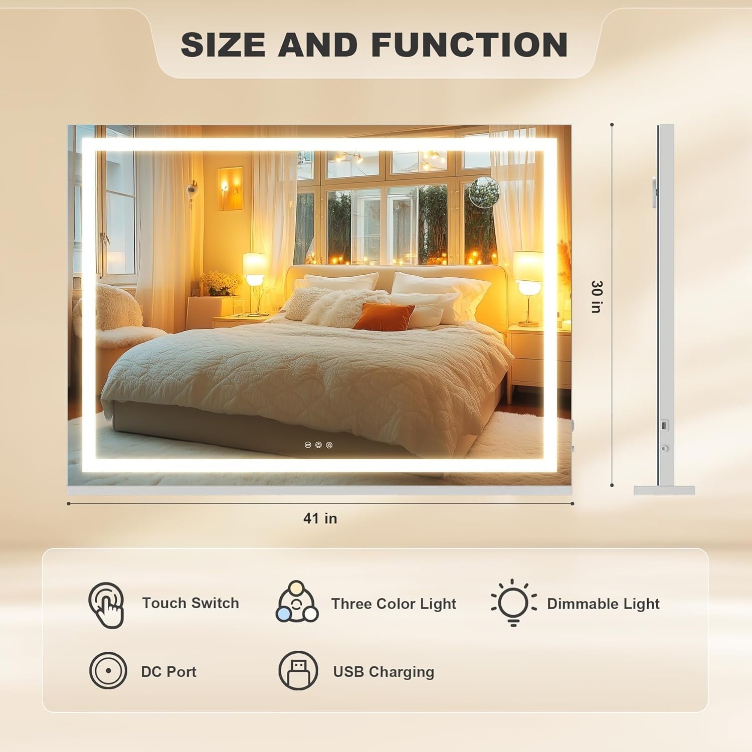 LED Vanity Mirror 105x75cm Wall/Table Mount | 3 Light Modes, Touch Control