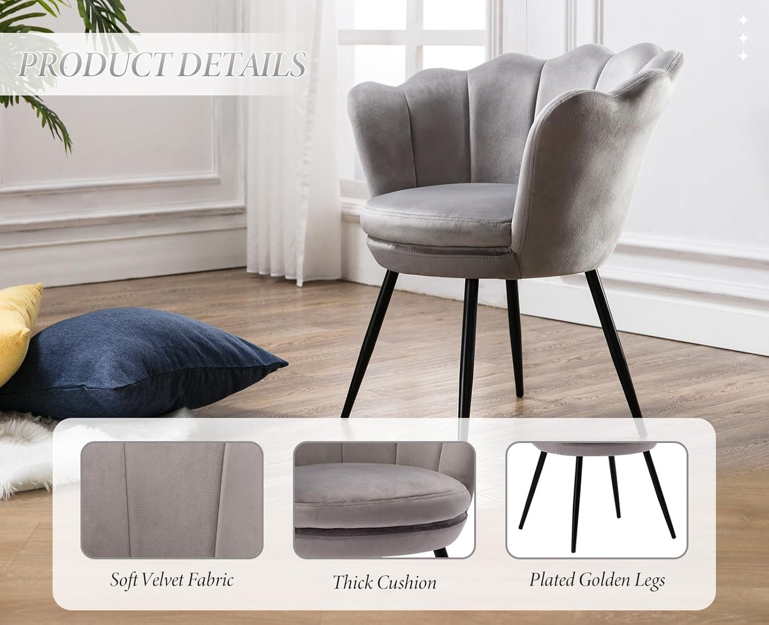 Grey Velvet Lounge Chair Gold Legs | Petal Back Armchair for Bedroom