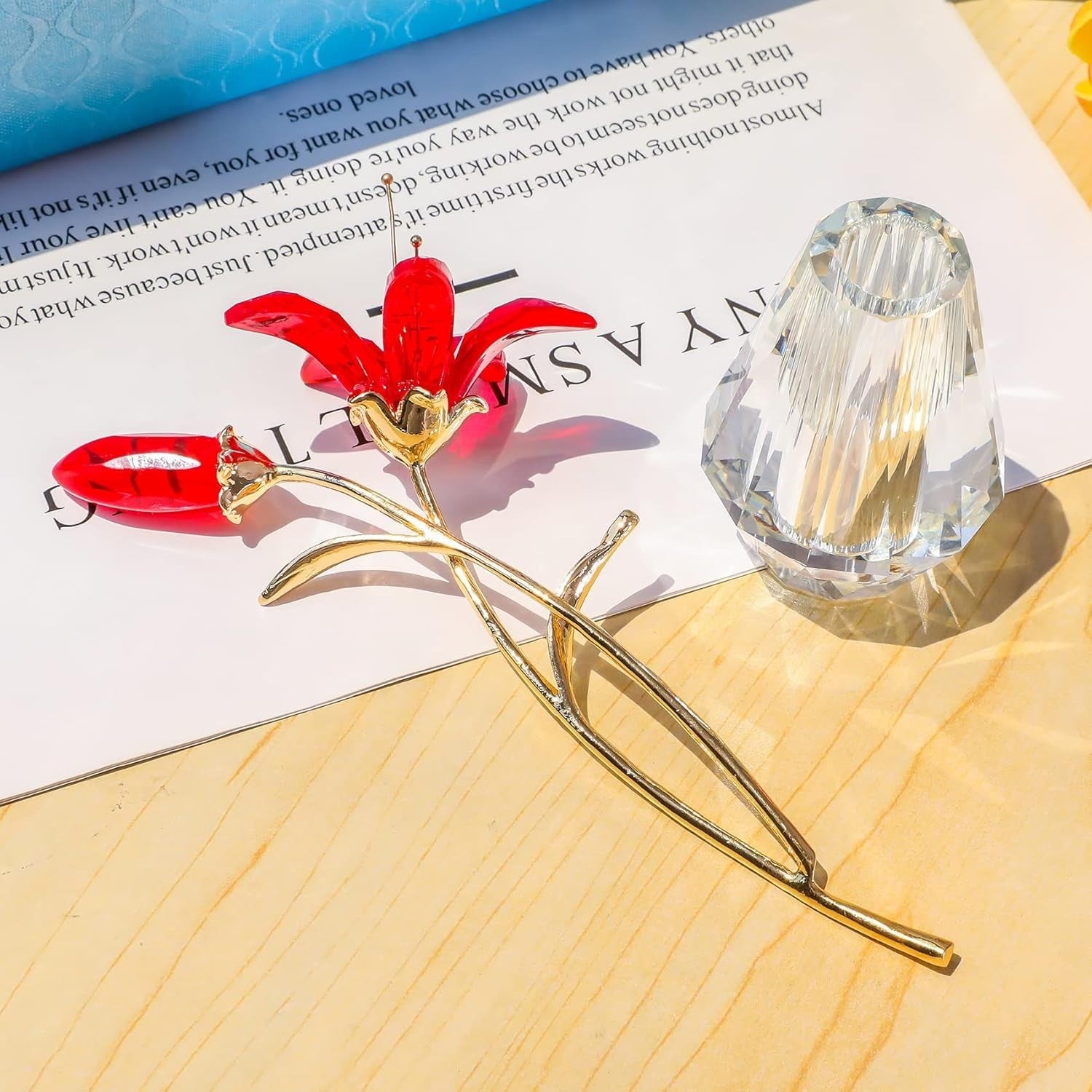 Red Crystal Lily Flower Ornament • Luxury Glass Vase Figurine • Elegant Floral
