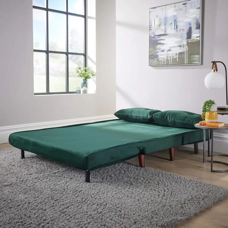 Green Velvet Double Sofa Bed 2 Seater w/ Pillows Fold Out Guest Sleeper