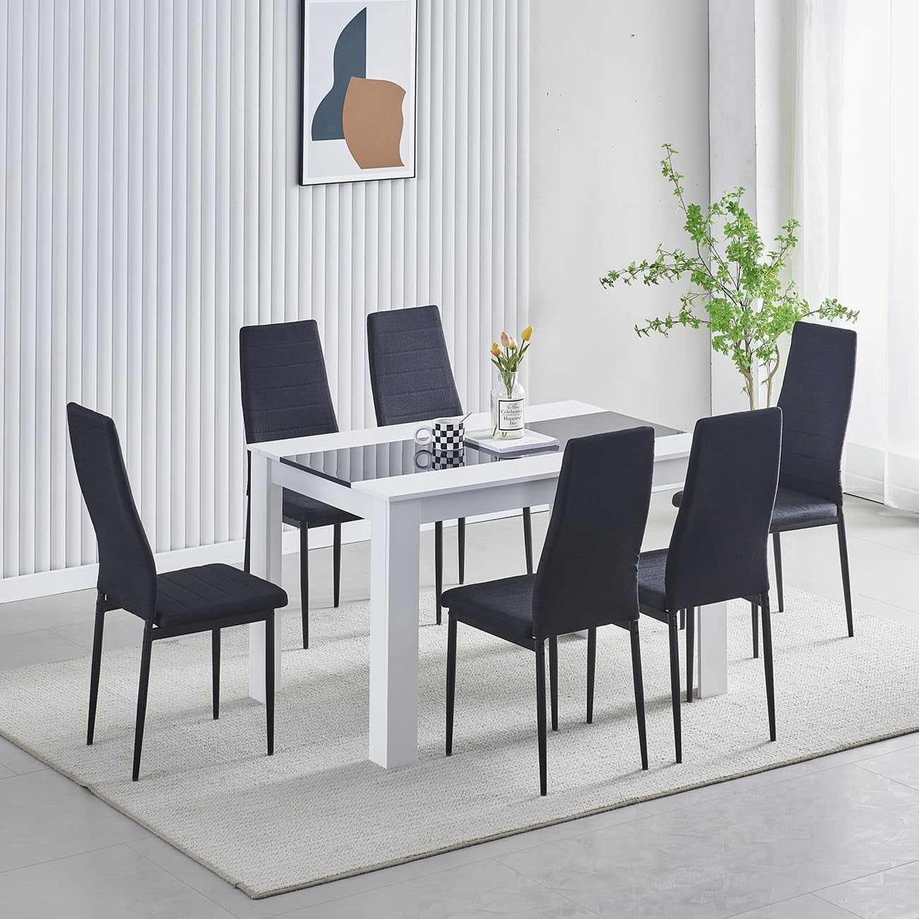 White 4-Seater Dining Table Set with Black Linen Chairs | Compact & Modern