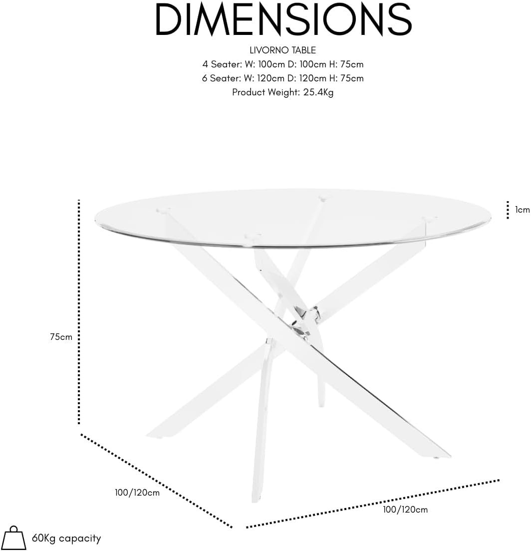 120cm Round Glass Dining Table with Chrome or Black Metal Legs 6 Seater