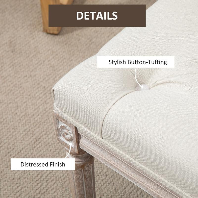 Beige Tufted Fabric End of Bed Bench Seat Vintage Ottoman Stool w/ Wood Legs