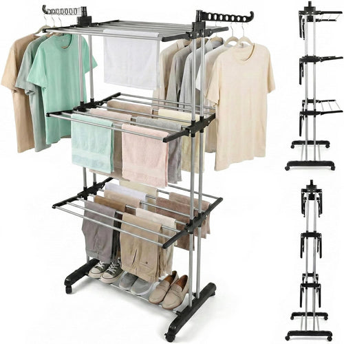 4 Tier Clothes Airer Folding Laundry Drying Rack with Wheels Heavy Duty Indoor