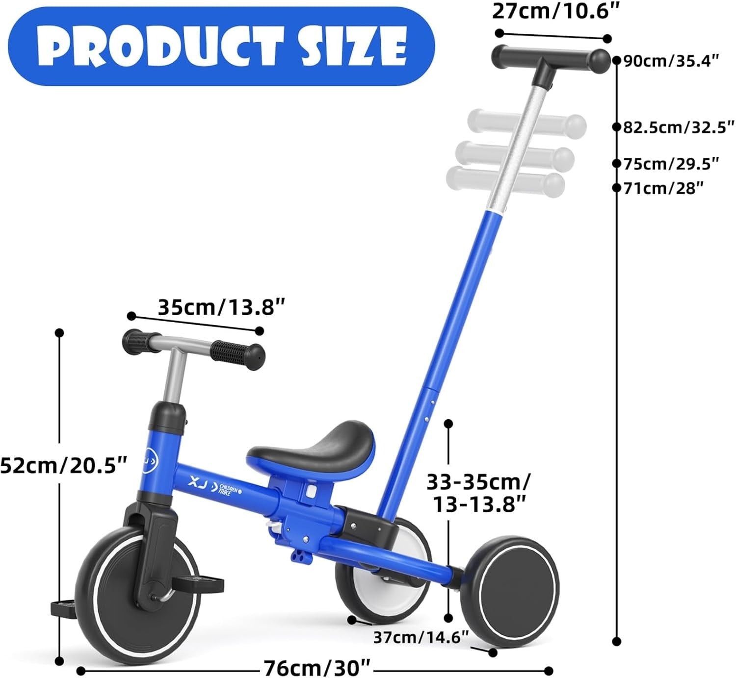 5 in 1 Toddler Tricycle Balance Bike Adjustable Push Handle Blue 1-3Y