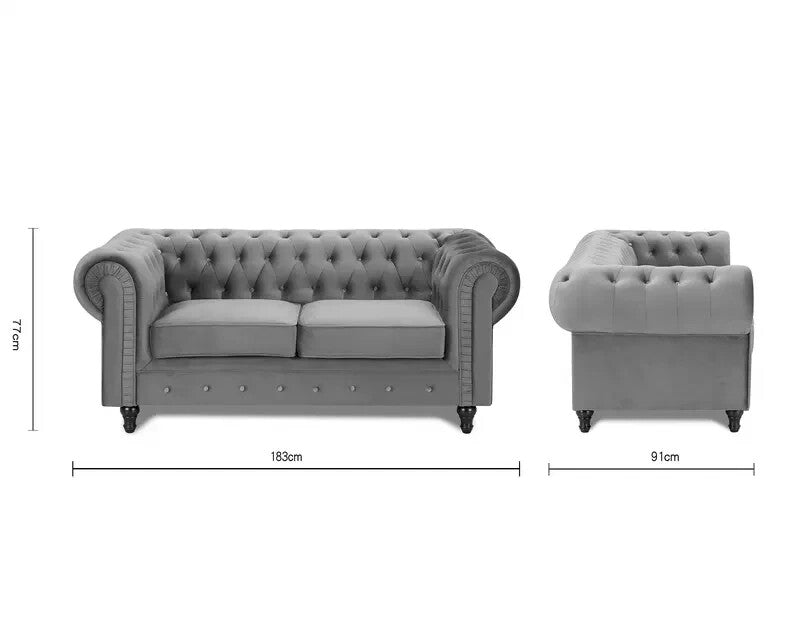 Grey Chesterfield Velvet 2 Seater Sofa Tufted Scroll Arm Classic Couch