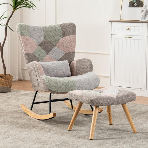 Rocking Chair w/ Footstool Pillow & Pocket – High Back, Solid Wood Legs