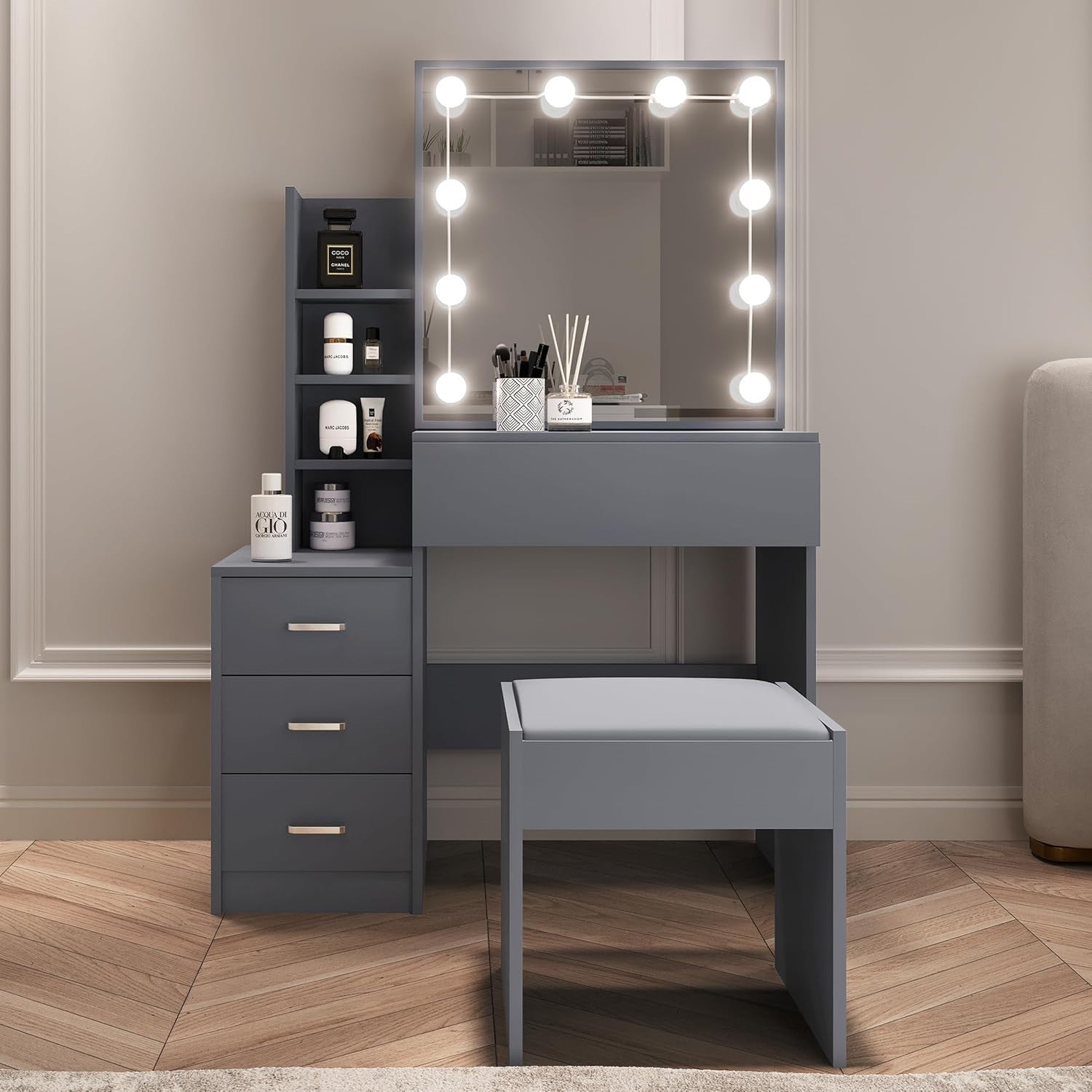Dressing Table Vanity Desk Sliding Mirror LED Lights Drawers Storage Grey Bedroo
