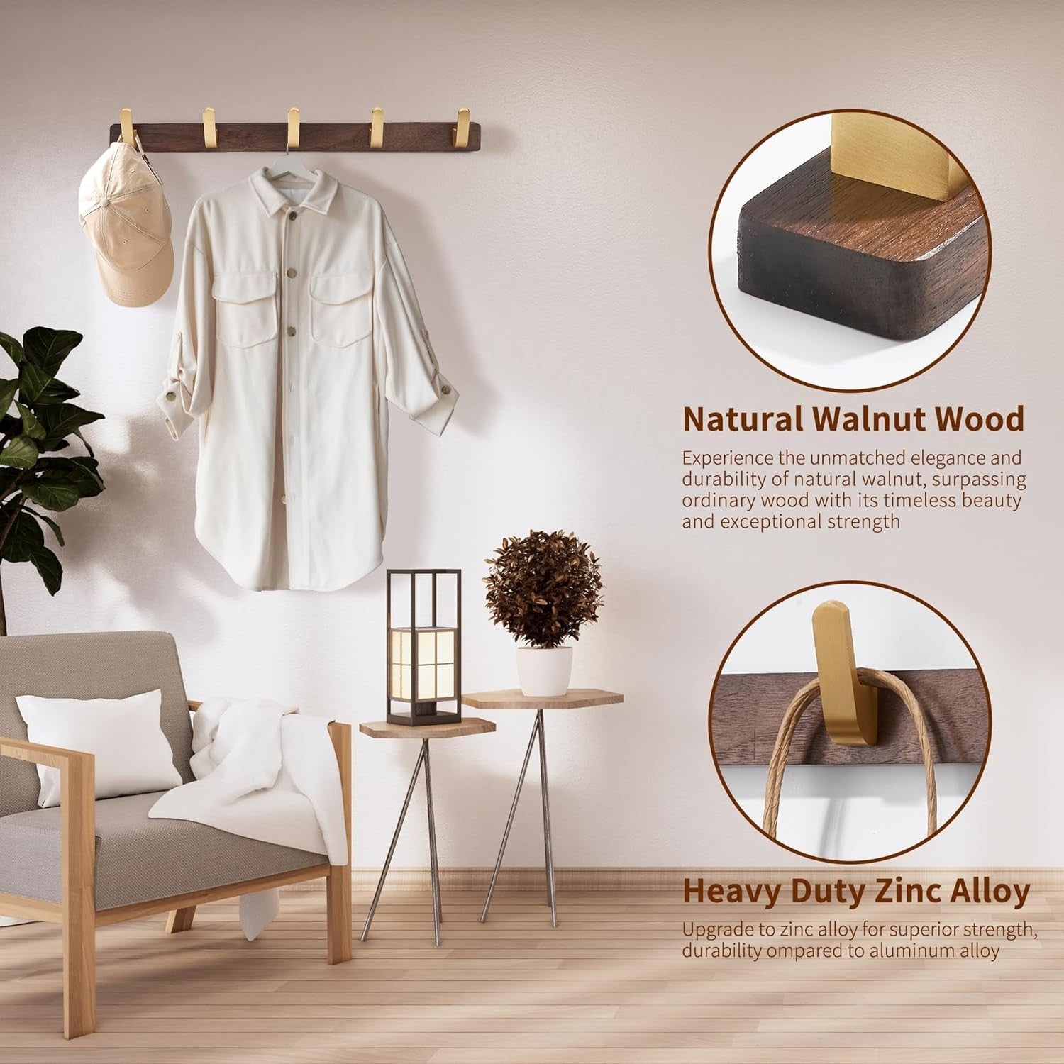 SARIHOSY 5-Hook Wall-Mounted Coat Hooks with Gold Zinc Alloy Coat Hook Walnut