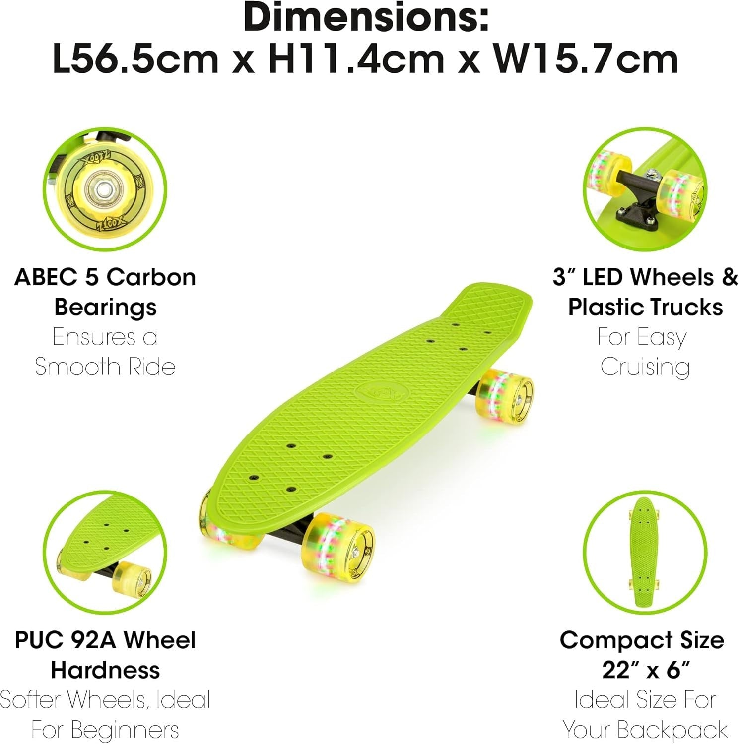 22in Retro Mini Cruiser Skateboard LED Wheels Kids Beginner Board Green
