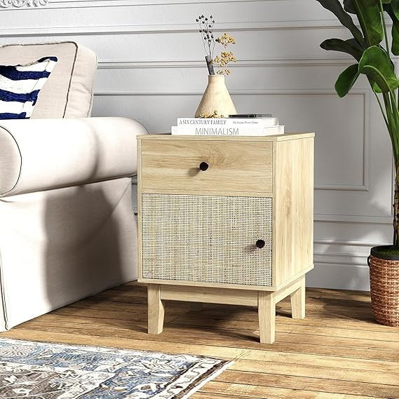 Modern Rattan Bedside Table with Drawer & Door, Solid Wood Legs, Boho Nightstand