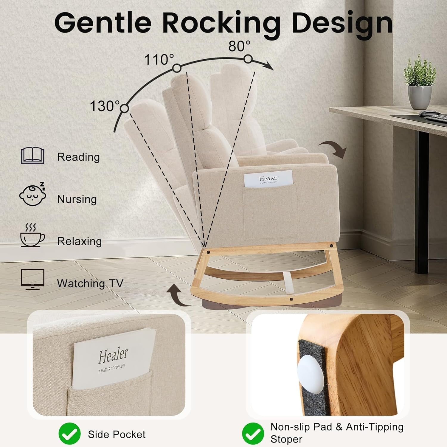High Back Nursing Rocking Chair with Side Pockets & Durable Wood Base