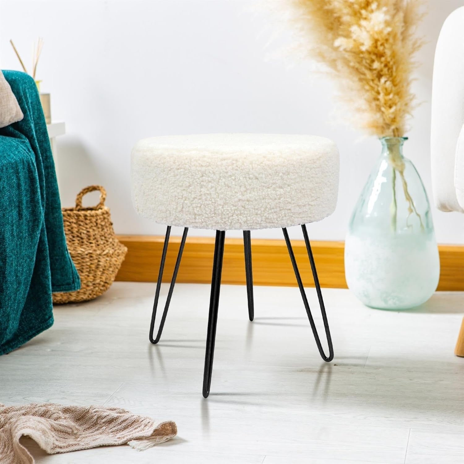 Cream Bouclé Round Footstool with Black Metal Legs – Modern Vanity Stool