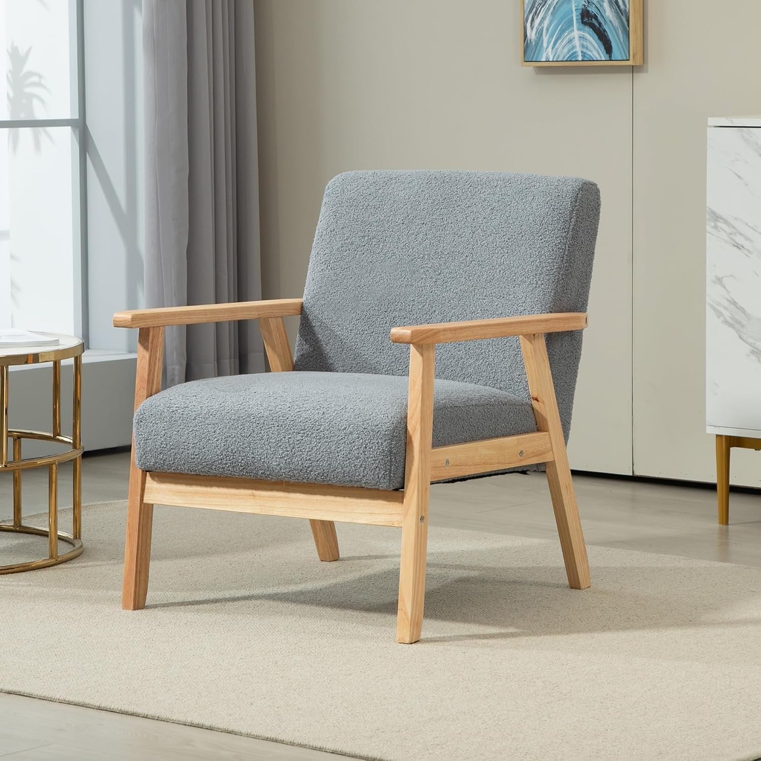 Grey Accent Armchair Wide Seat Cashmere Fabric Wood Legs