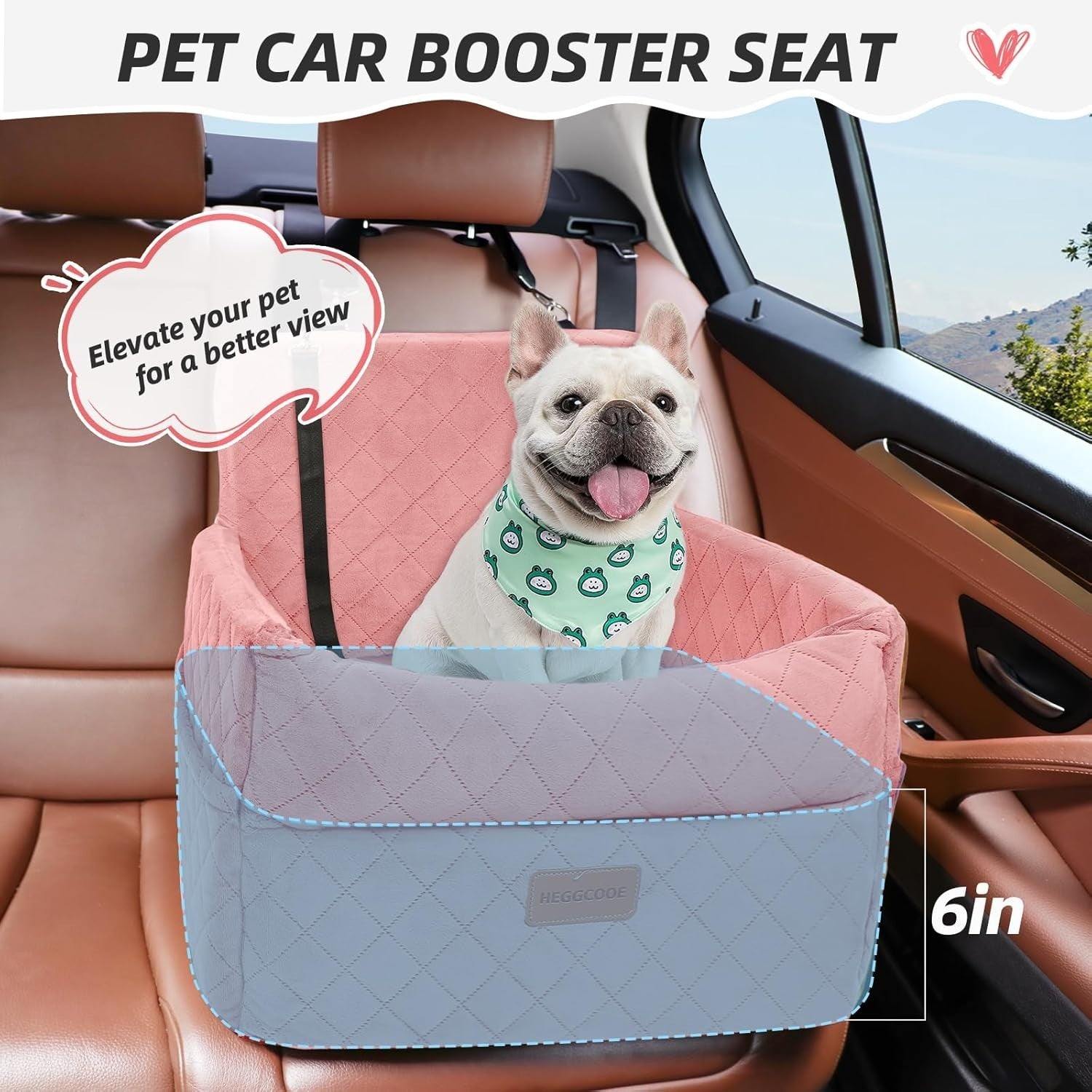 Pink Dog Booster Car Seat Memory Foam Travel Bed 2 Safety Belts
