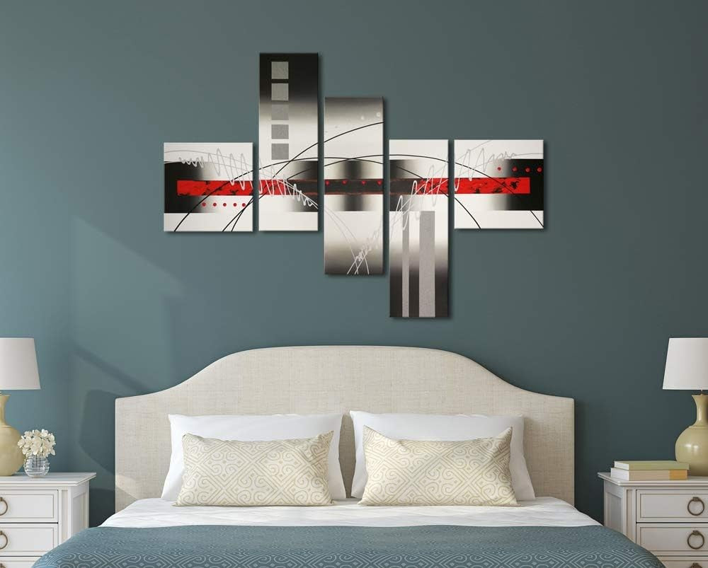 5 Panel Abstract Canvas Wall Art Red Black Modern Framed Set
