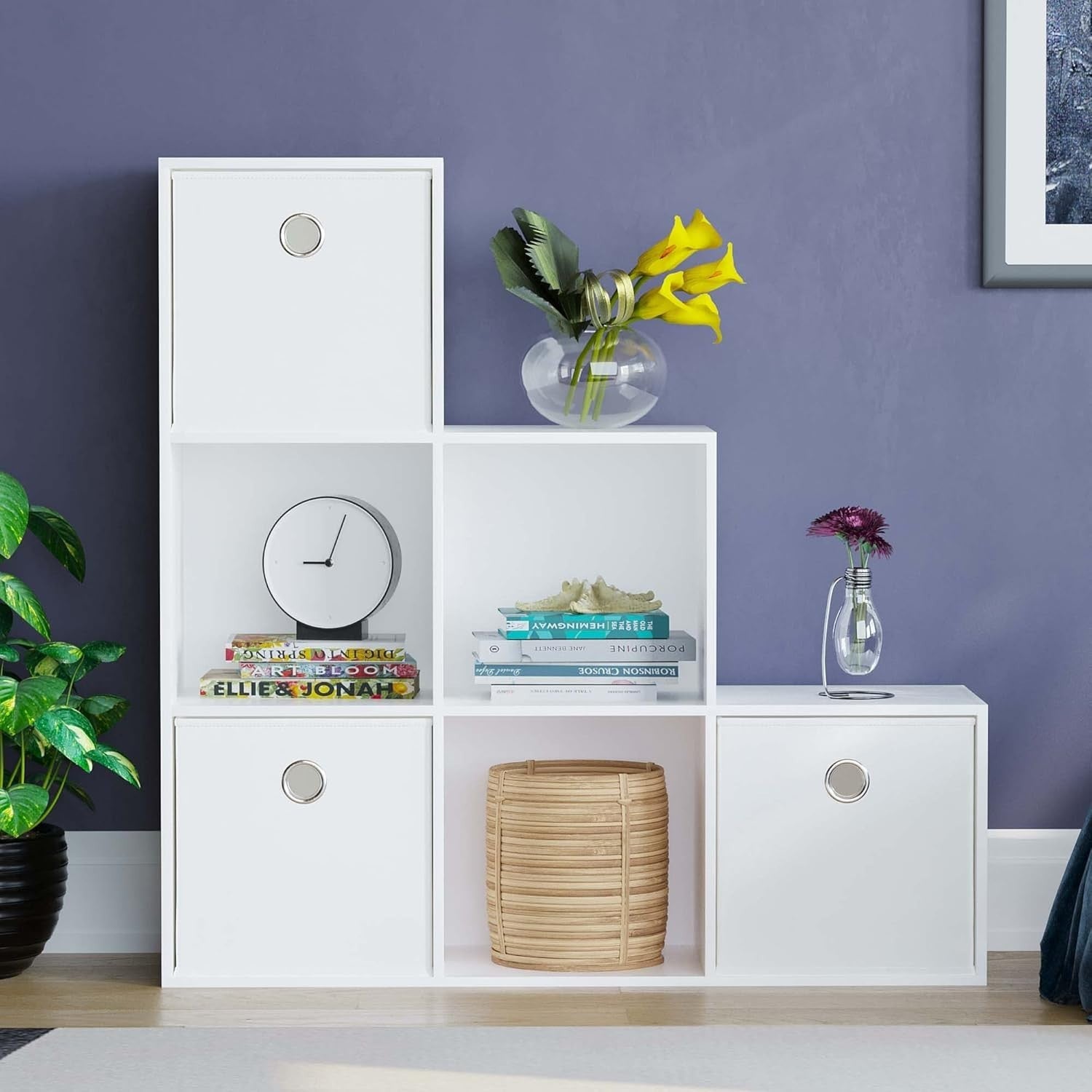 White 6 Cube Staircase Bookcase with 3 White Storage Baskets – Modern Display Un