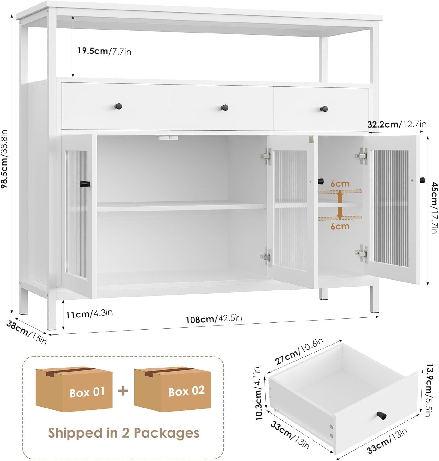 Modern White Sideboard Cabinet with Glass Doors 3 Drawers Adjustable Shelves