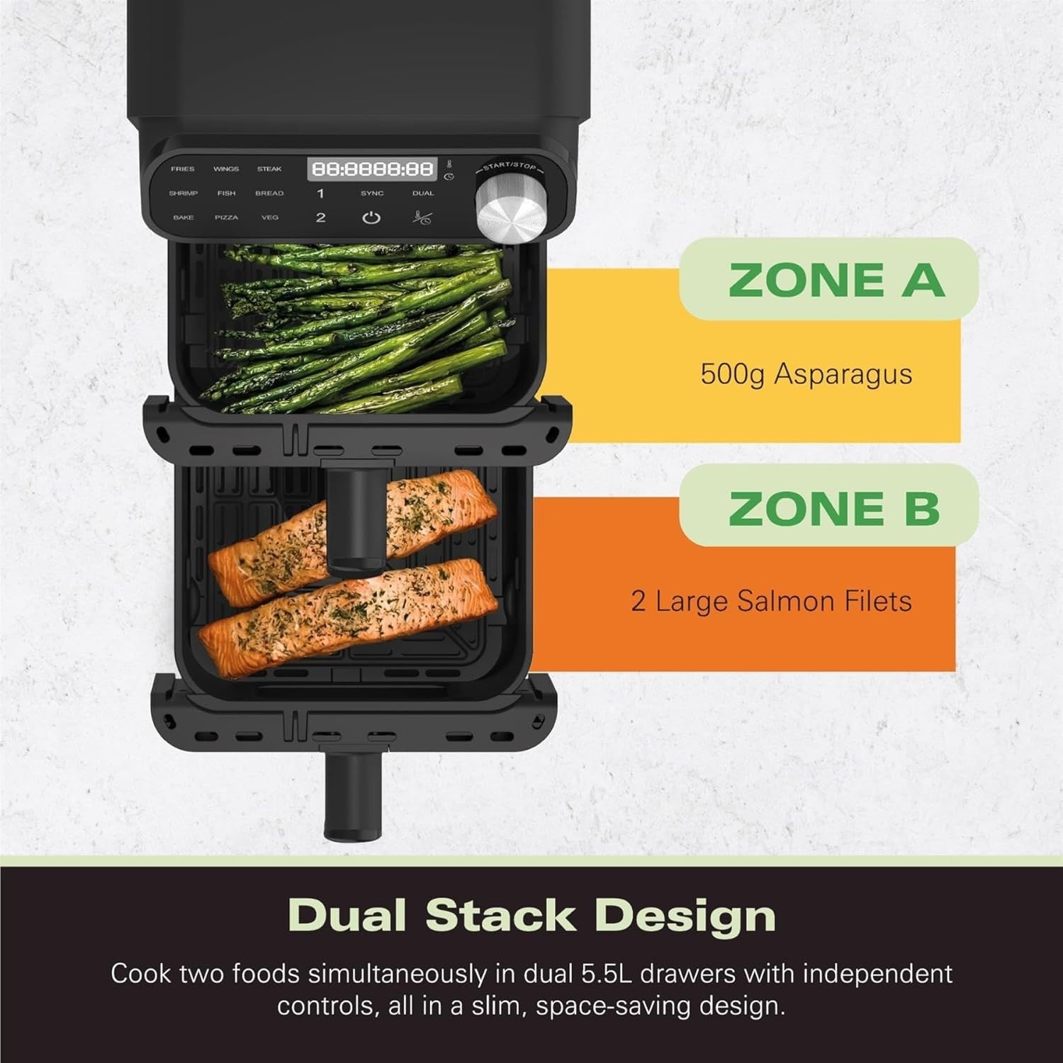 11L XXL Dual Zone Air Fryer 2x5.5L Stack Drawers Sync Finish Slim Design