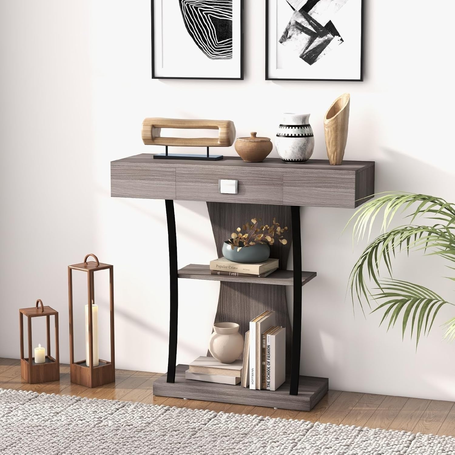 Slim Grey Console Table with Drawer & Shelves – Narrow Entryway Storage