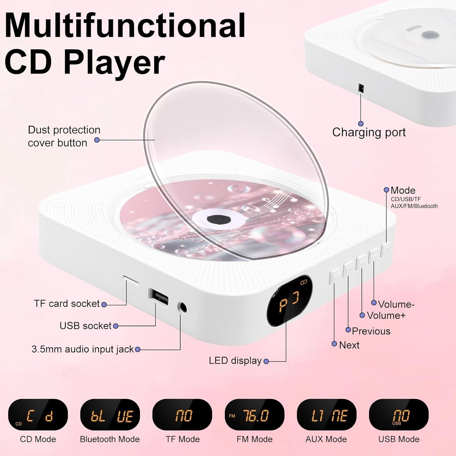Bluetooth CD Player Boombox Wall Mount FM Radio USB AUX Remote White
