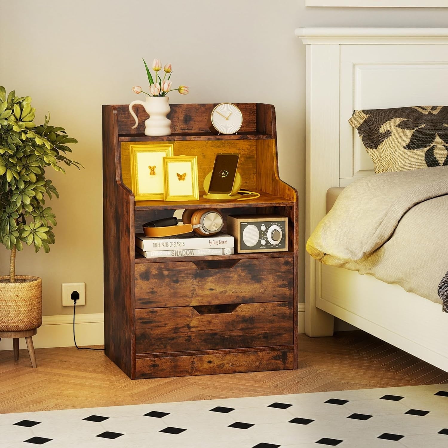 Rustic Brown LED Bedside Tables with Charging Station, Drawers & RGB Shelves (Se