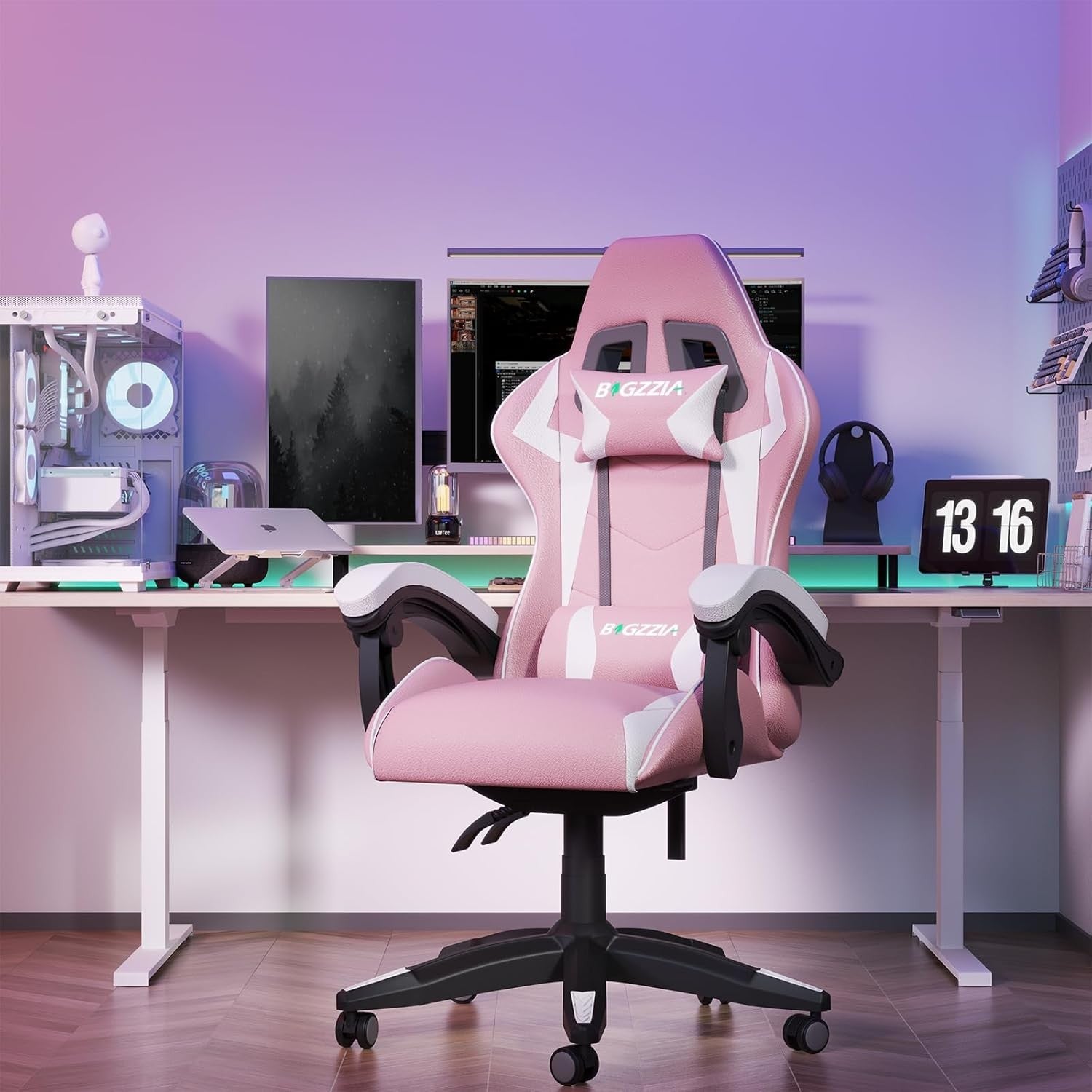 Ergonomic Gaming Chair Pink Reclining Office Chair w/ Lumbar