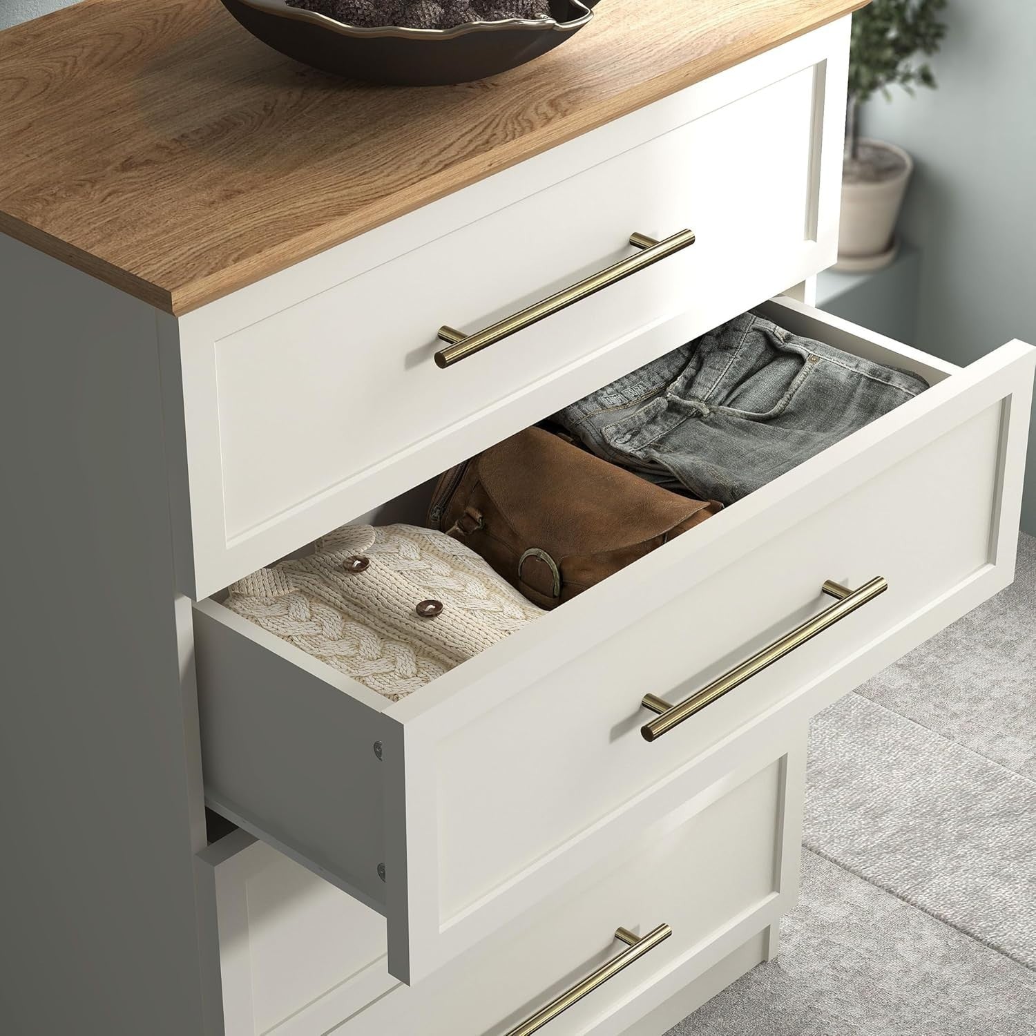 4 Drawer Chest Storage Cabinet for Bedroom, Hallway & Living Room, Ivory/Oak
