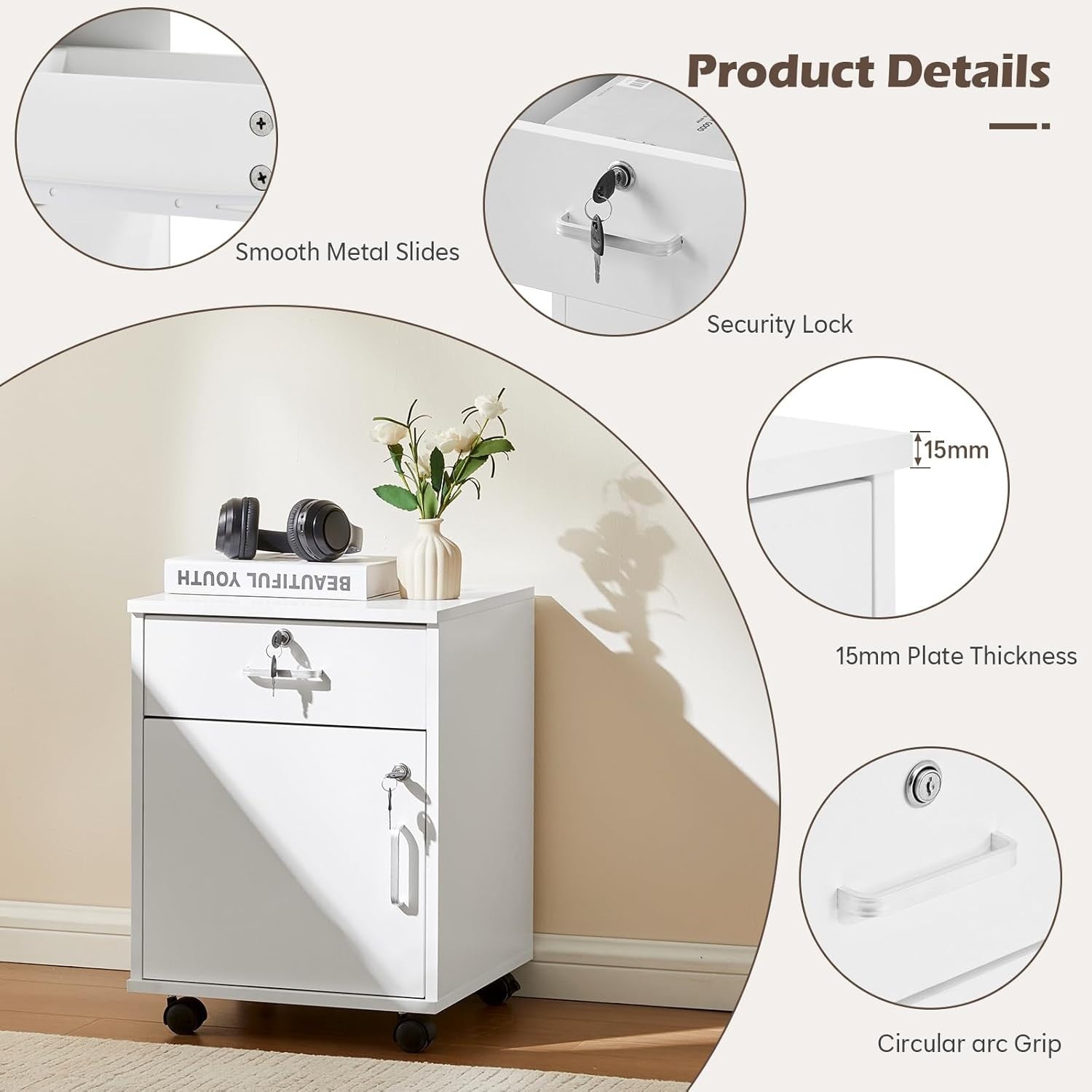 White Mobile File Cabinet 40cm Lockable Under Desk Office Storage