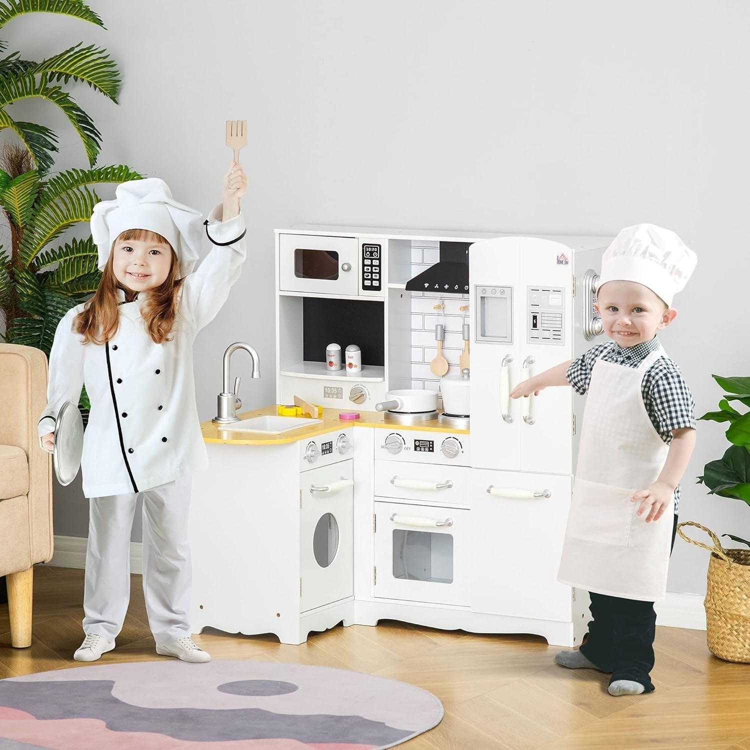 Wooden Kids Play Kitchen White Toy Set Fridge Oven Microwave Sounds