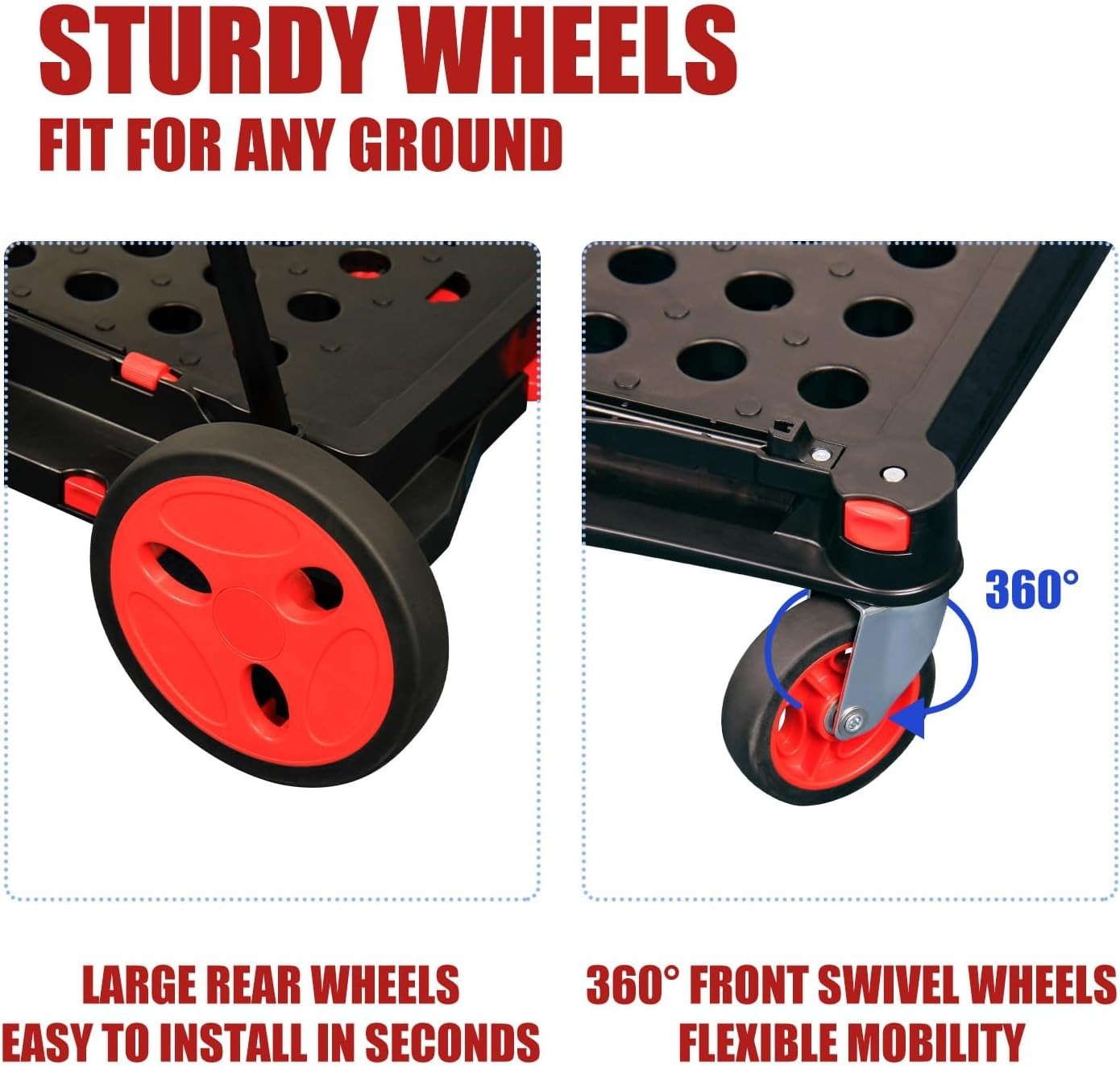 Folding Shopping Cart Two-Tier Utility Trolley 360° Swivel Wheels Red