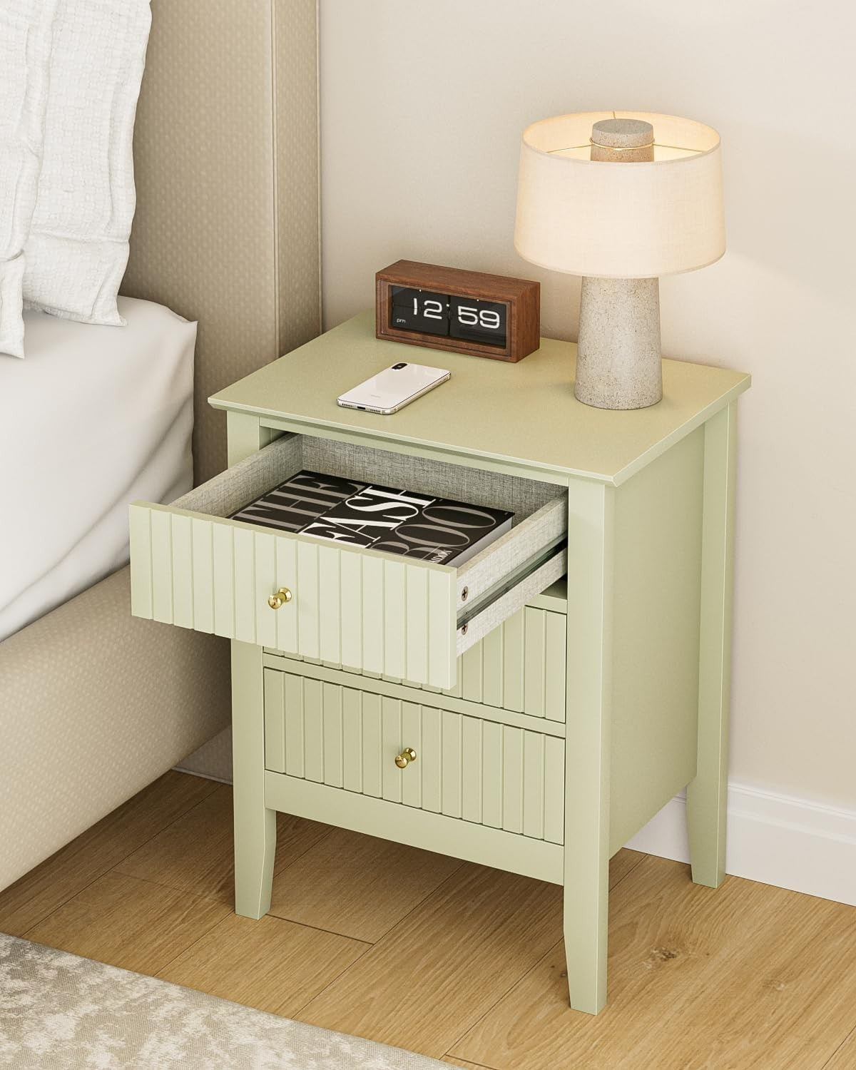 Modern Green Bedside Table with 3 Drawers Wooden Nightstand Bedroom Storage