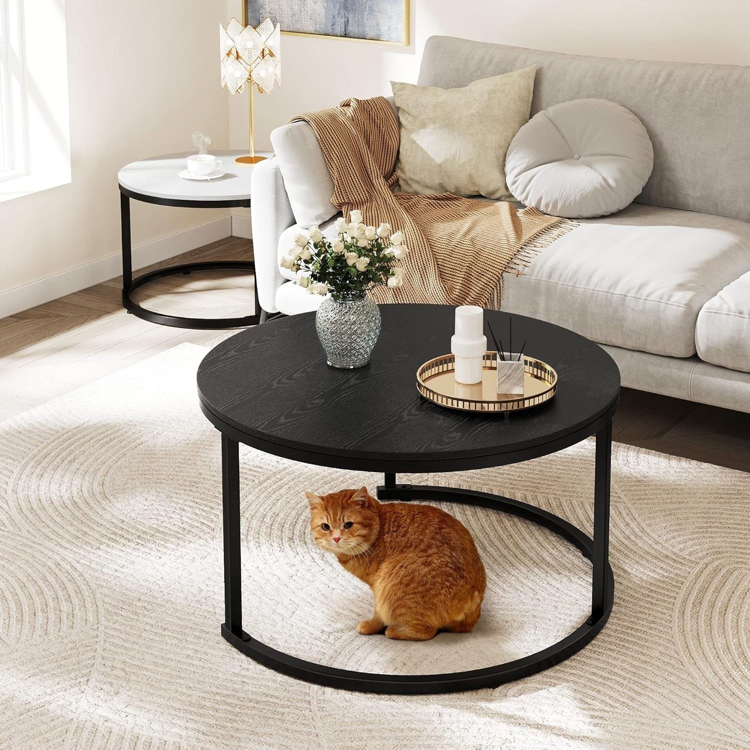 Modern Nesting Coffee Table Set of 2 Round Wood Accent Tables with Metal Frame