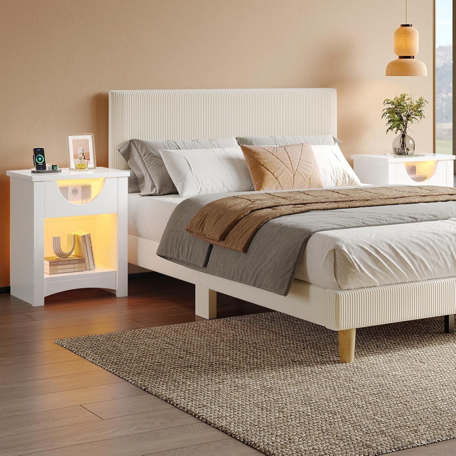 LED Bedside Tables Set of 2 with USB Ports, Drawer Storage & Warm Ambient Light