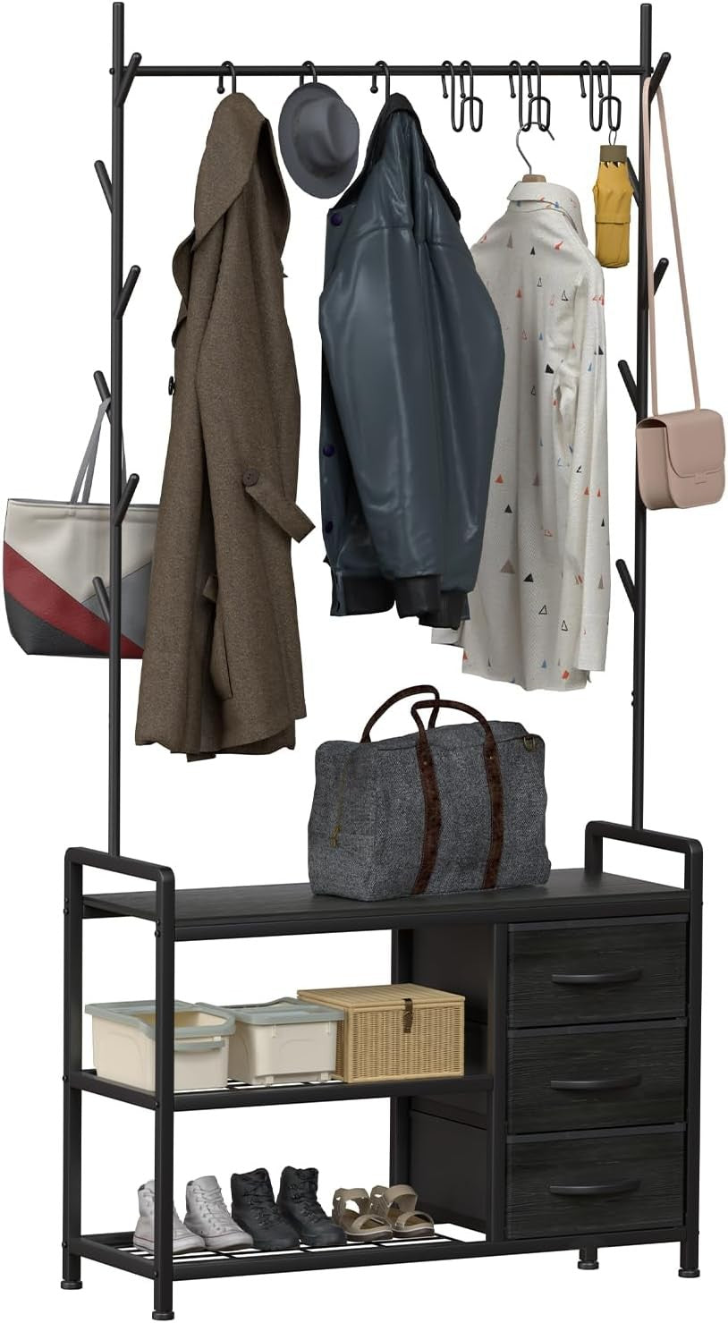 Industrial Coat Rack with Drawer & Shelves | Hall Tree Stand with 6 Hooks