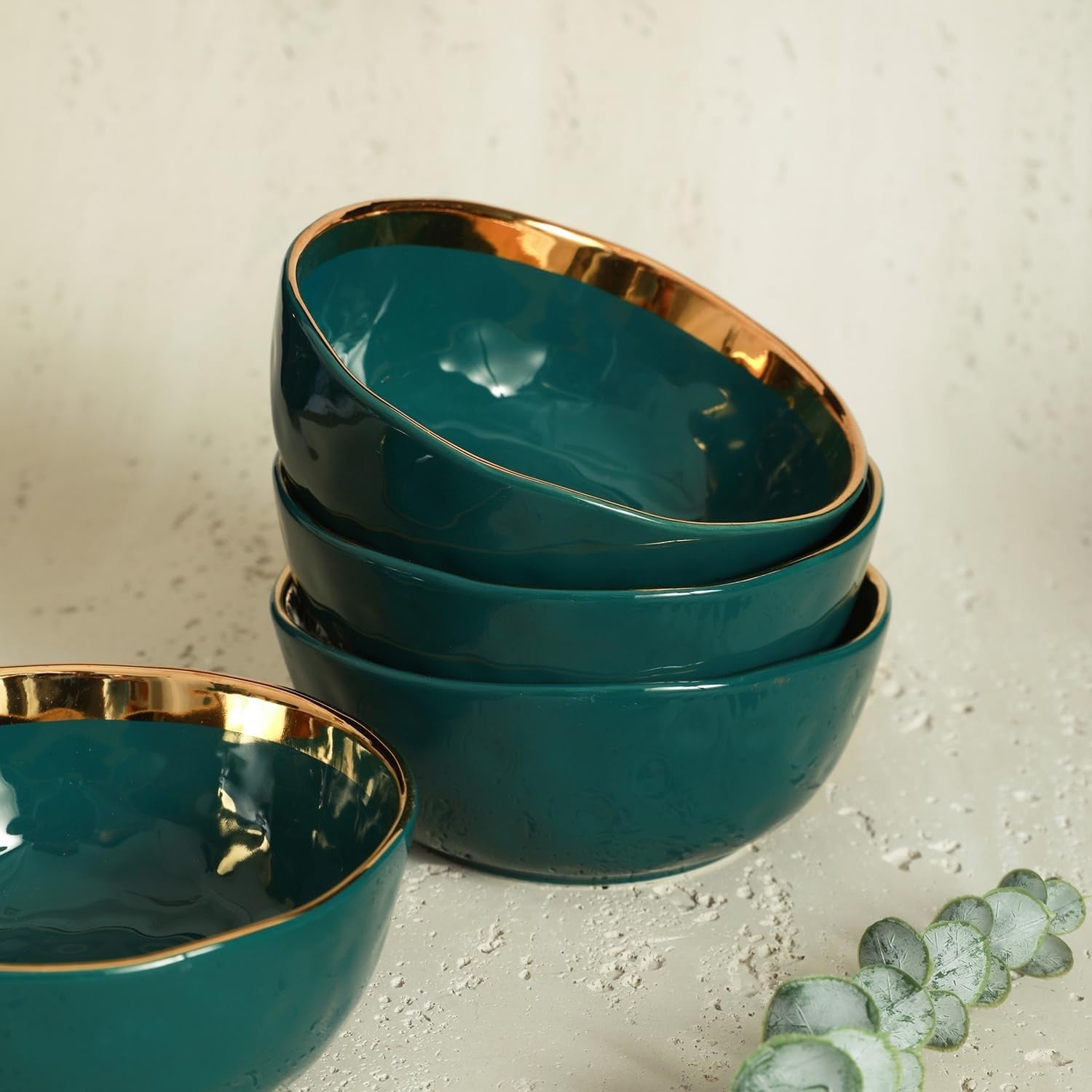 Green Gold Rim Dinnerware Set 16 Piece Porcelain Plates Bowls Service for 4