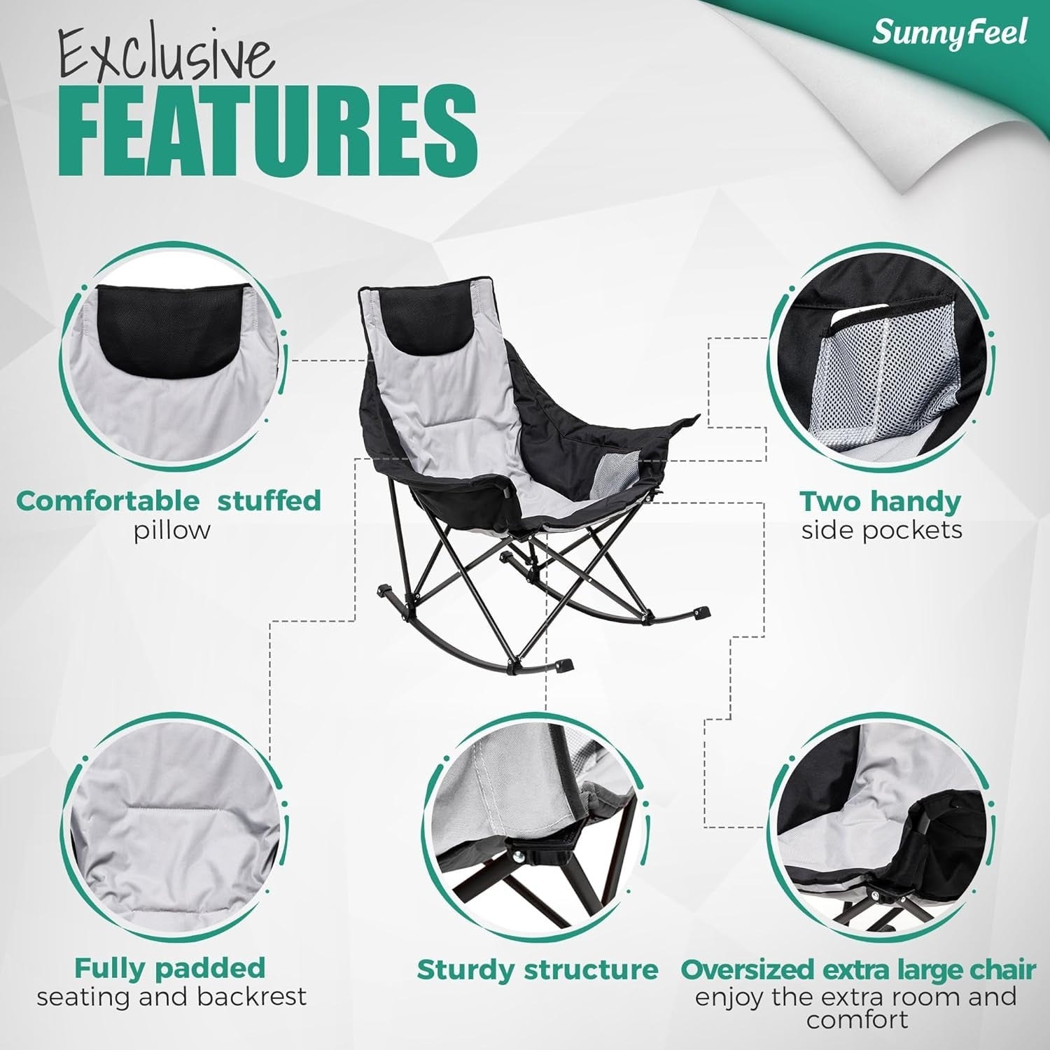 Heavy Duty Folding Rocking Chair Outdoor Recliner with Side Pockets 107x96cm