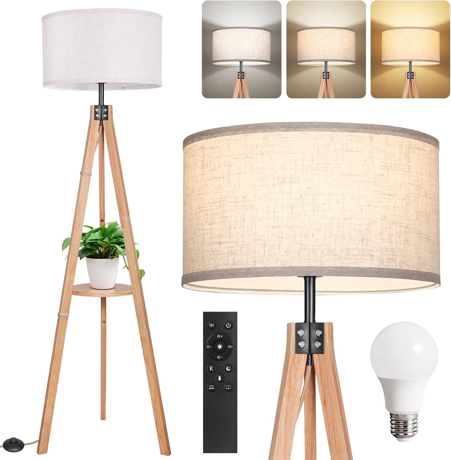 Wood Tripod Floor Lamp with Adjustable Light & Built-in Shelf, 150 cm