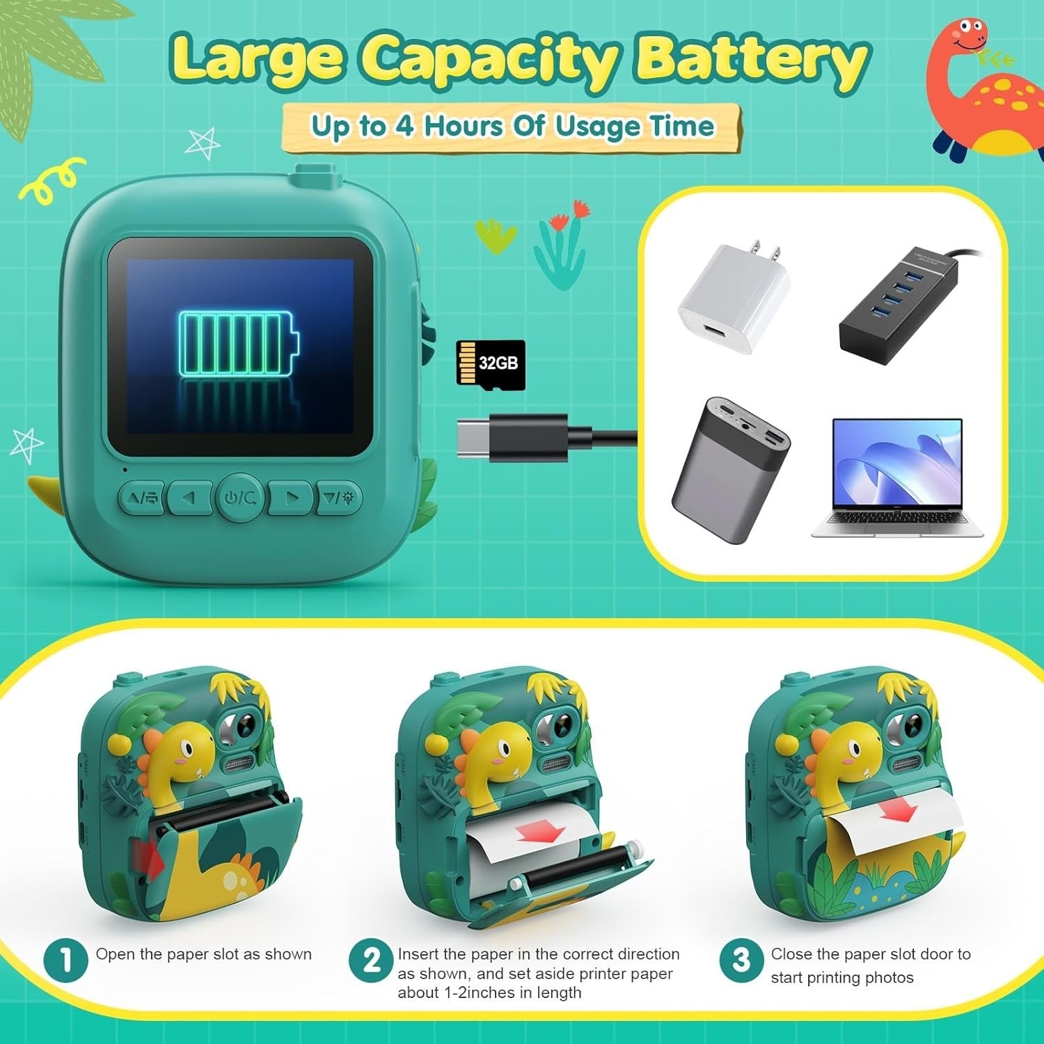 Kids Instant Print Camera 12MP 1080P HD 32GB Card Dinosaur Toy Gift