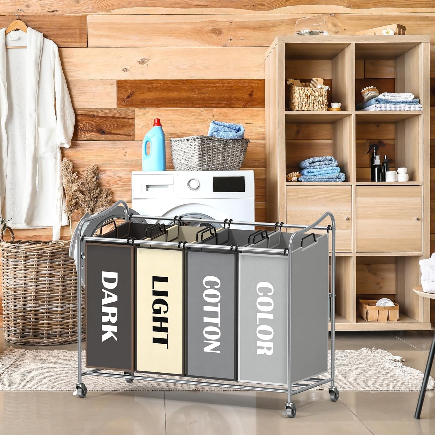 4 Bag Heavy Duty Laundry Sorter Cart with Wheels Organiser Hampers Silver