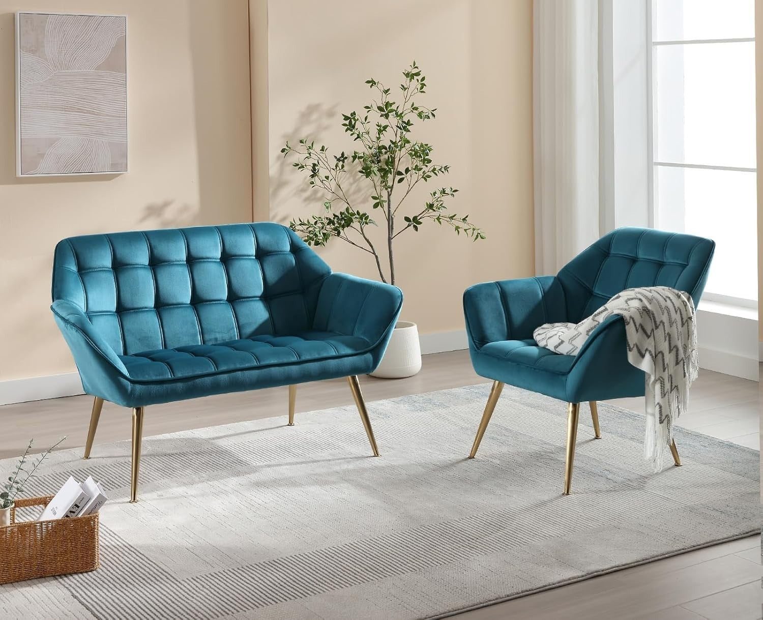 Velvet Accent Armchair Modern Tub Chair Blue Seat with Gold Metal Legs