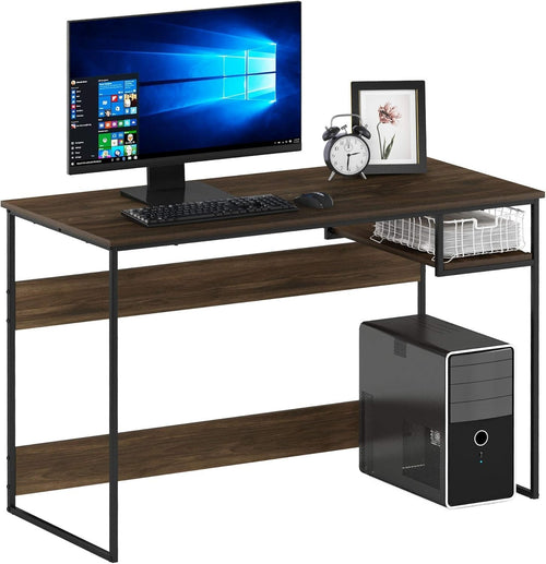 Modern Walnut Study Desk with Storage Shelf, 114x51x75cm Home Office Table