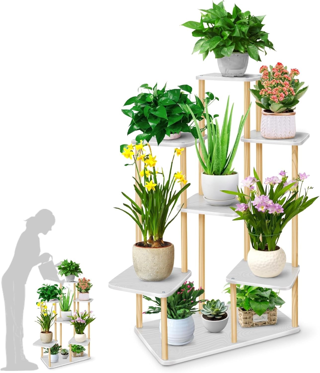 7 Tier Wooden Plant Stand Indoor Outdoor Multi Pot Flower Rack Display Shelf