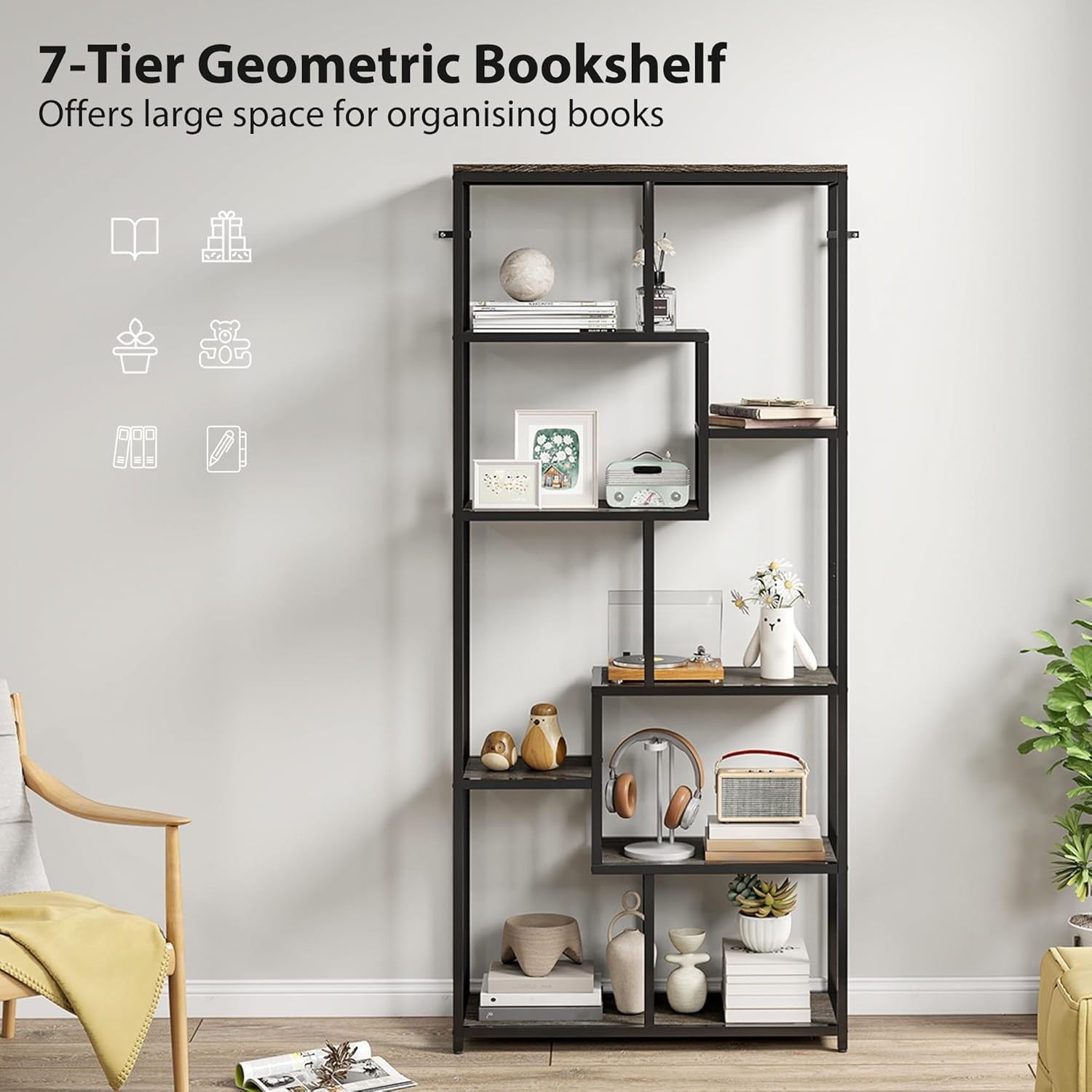 7-Tier Industrial Bookcase | Grey & Black Geometric Shelf Unit for Home & Office