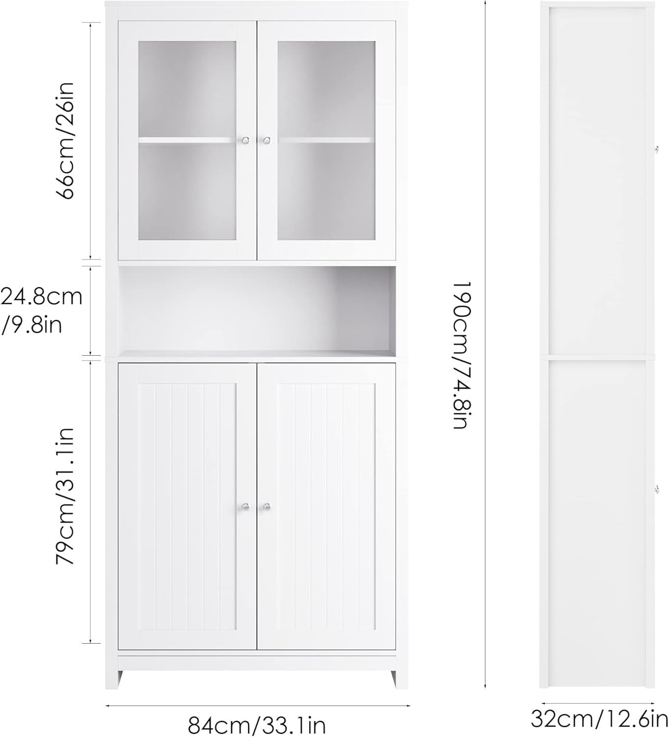 White Tall Kitchen Cupboard 190cm Pantry Cabinet Glass & Wood Doors