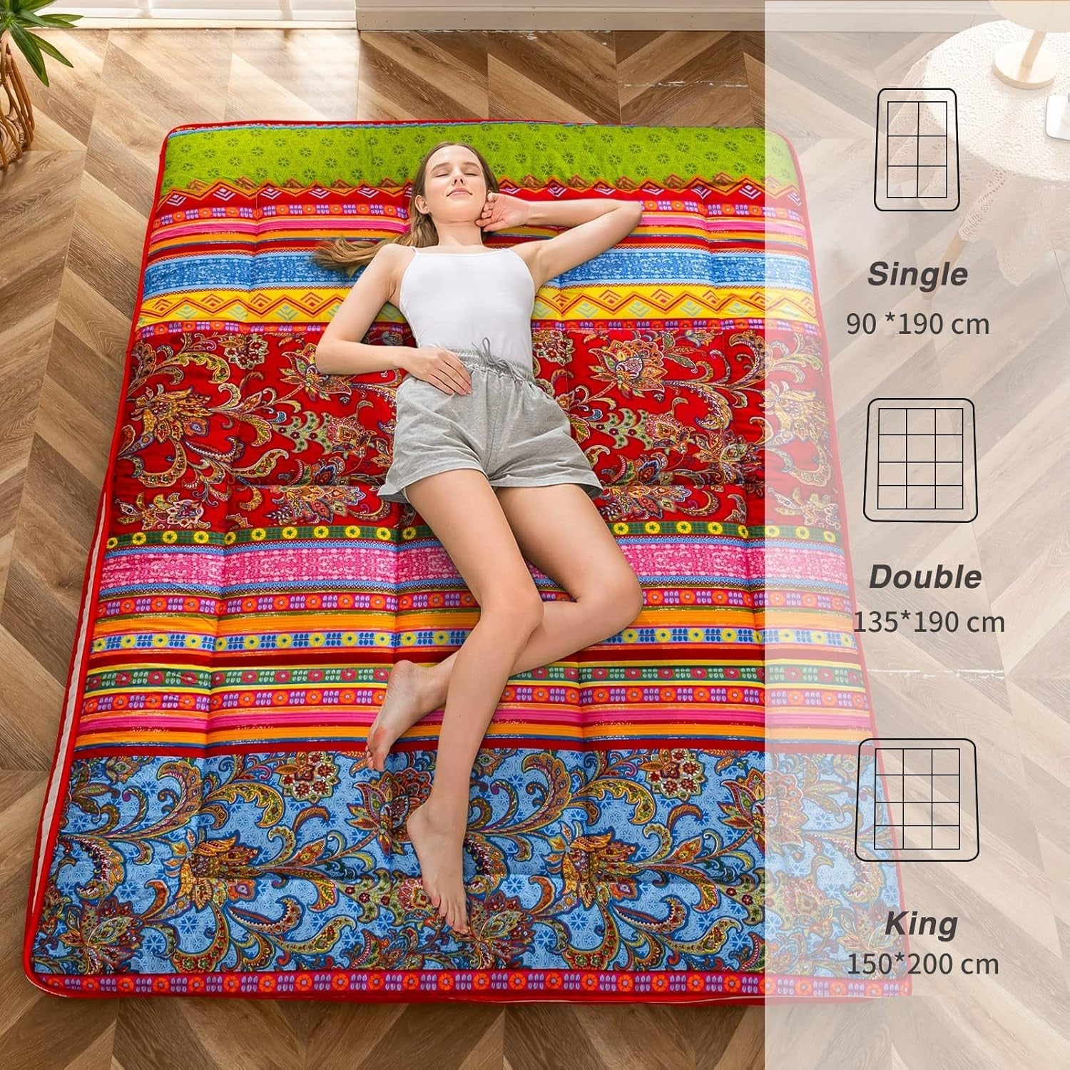 King Size Bohemian Floor Mattress - Thick Japanese Futon, Portable & Comfortable
