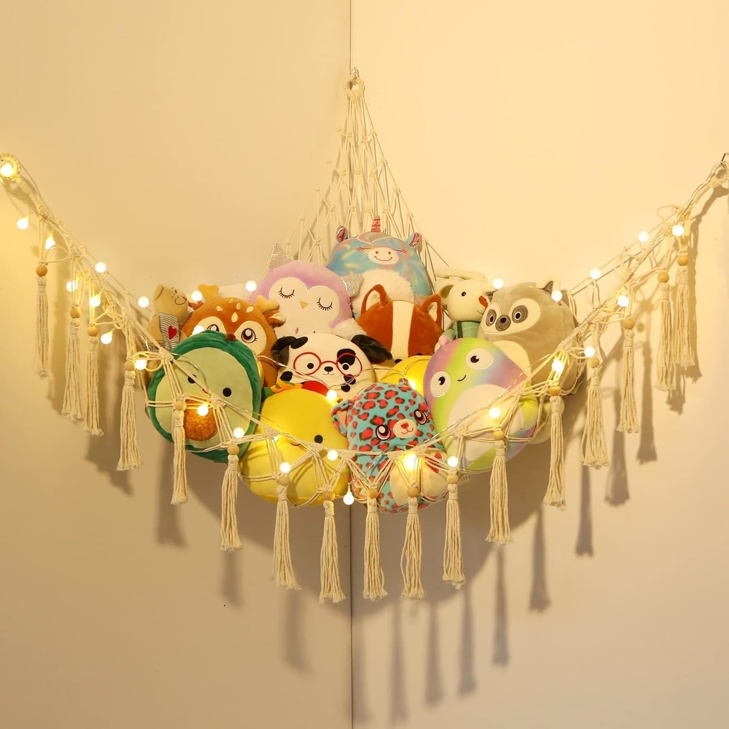 White Macrame Toy Hammock – Stuffed Animal Storage Net with Hooks – Nursery