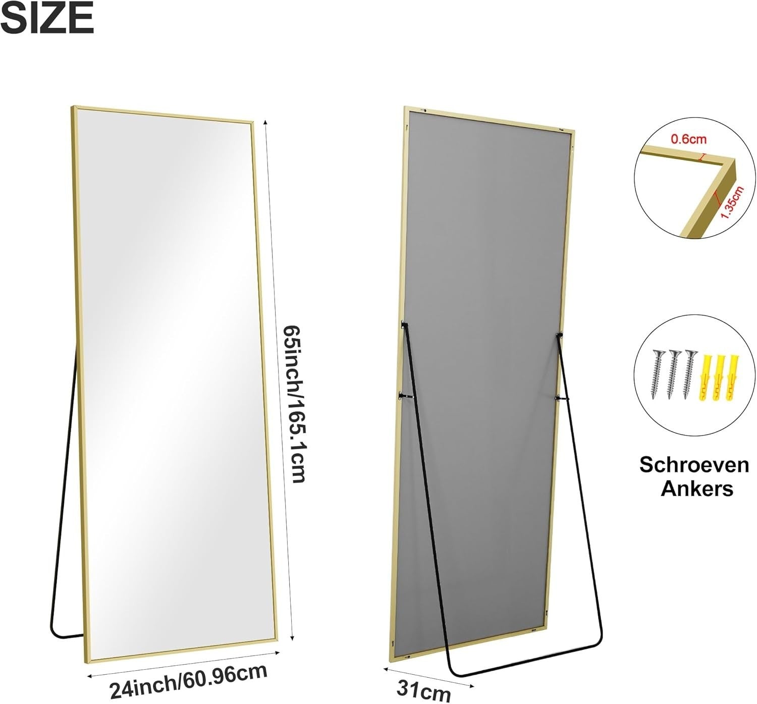 Gold Full Length Mirror 165x60cm Leaning Wall Mount Aluminium Frame