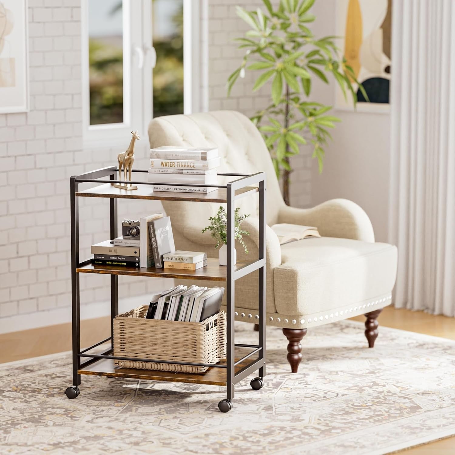 3 Tier Bar Cart Rolling Drinks Trolley with Storage Shelves Wheels Rustic